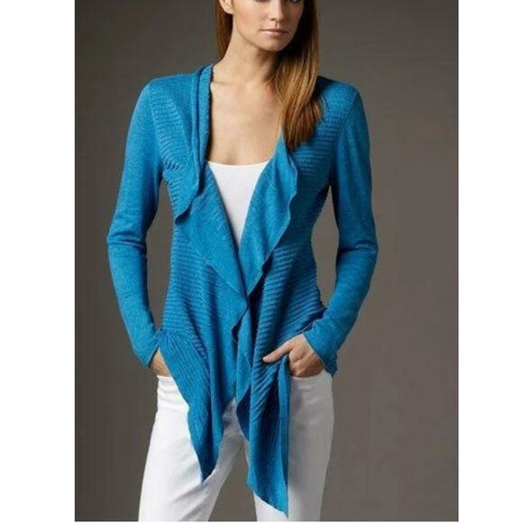 EILEEN FISHER cotton linen knit waterfall open front cardigan sweater top - Picture 1 of 8